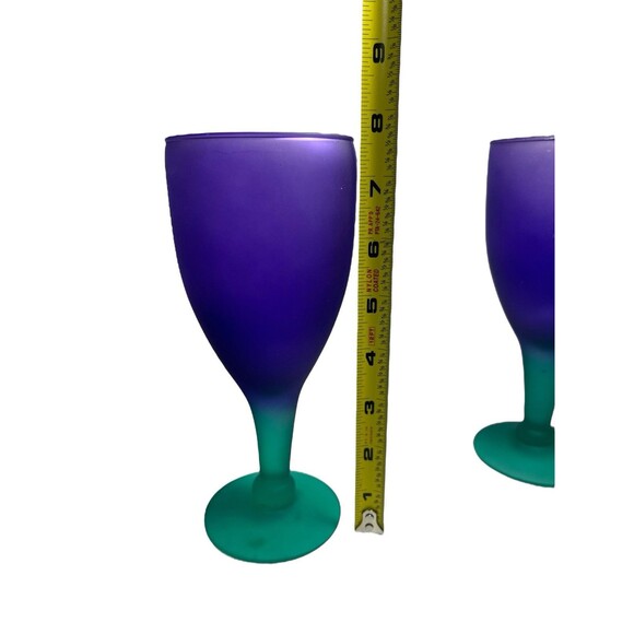 Wine Water Goblet Frosted Purple Green Hand Blown Glass Stemware Set Of 3 Mexico - Picture 7 of 14